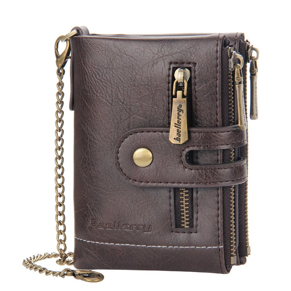 RFID Blocking Men’s Leather Bifold ID Cards Holder Chain Wallet w/ Zip Pockets